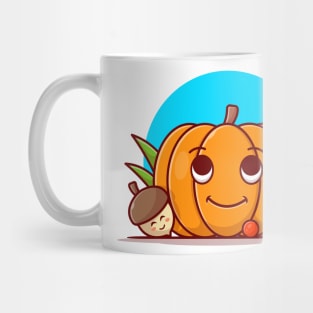 Happy Cute Pumpkin with Cute Acorn and Tomato Cartoon Vector Icon Illustration Mug